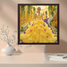 Load image into Gallery viewer, Diamond Painting Set - Elegant Scene of Woman in Yellow Dress on Stairs, Home Wall Decoration, with Special Shaped Rhinestones,
