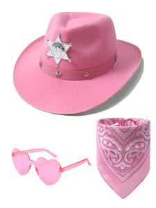 Kids Cowboy Hat Girls Pink Cowgirl Hat with Bandana Glasses Western Caps Performance Birthday Party Costume Accessories