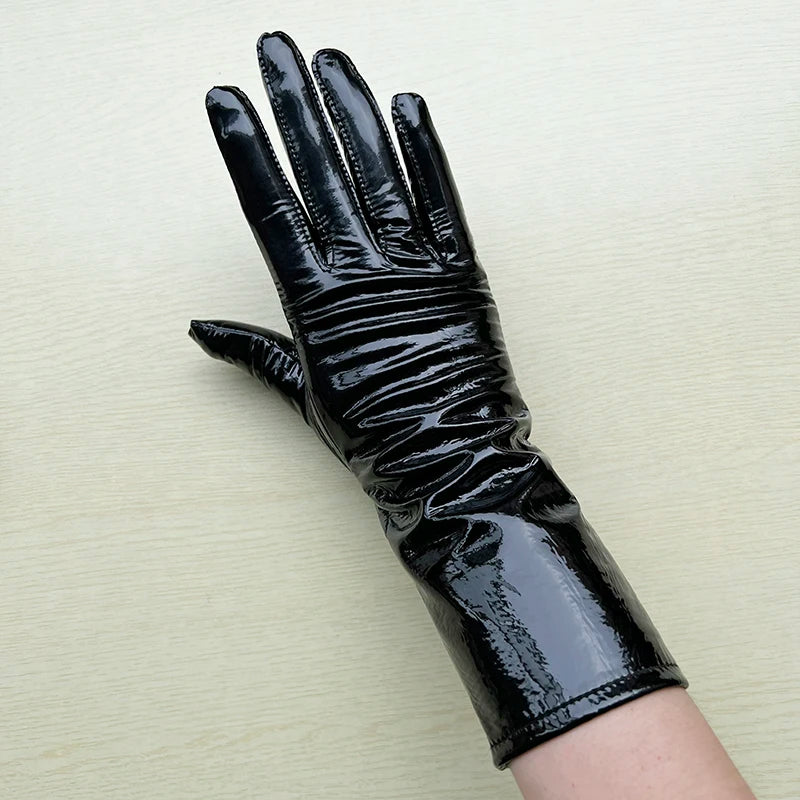 Long Gloves For Women Spring Winter Male Patent Leather Fashion Catwalk Motorcycle Riding Luvas Brilliant Warm Arm Warmer Gants