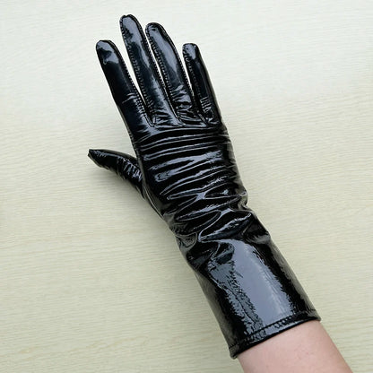 Long Gloves For Women Spring Winter Male Patent Leather Fashion Catwalk Motorcycle Riding Luvas Brilliant Warm Arm Warmer Gants