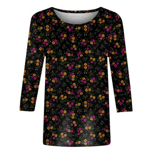 Female Clothing Delicate Fashion Shirts Floral Round Neck 3/4 Sleeves Printed Summer Women Pullover Daily Wear Vetement Femme