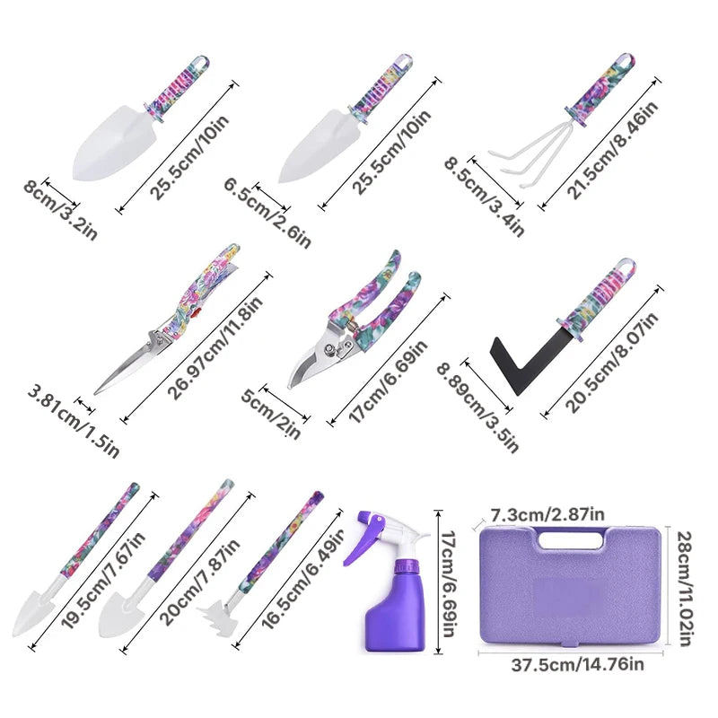 Garden Tools Set Garden Planting Floral Print Ergonomic Handle Trowel Rake Weeder Pruner Shears Sprayer Garden Printing Tool Set