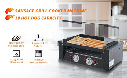 1400W Hot Dog Roller Machine Stainless Hotdog Roller Grill with Glass Guard LED Warm Light for Commercial BBQ (7 Rollers)