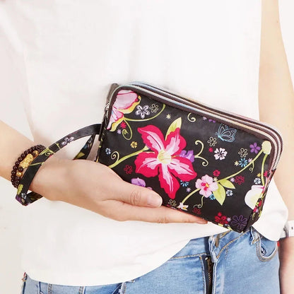 Fashion Women's Clutches Three-layer Zipper Waterproof Nylon Colorful Printed Wristlet Bag Key Coin Purse Wallet Phone Holder