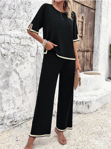 High Quality Elegant Women Clothing 2024 Temperament Casual Solid Color Knitted Shite Sleeved Suit Sweatpants Wide Leg Pants Y2k