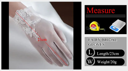 Wedding Bridal White Gloves Handmade Soft Tulle Lace Appliqued Short Brides Gloves Women Pageant Prom Perform Handschuh