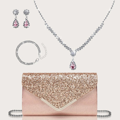 Gorgeous and elegant sparkly women's clutch bag, paired with a gorgeous rhinestone necklace, earrings and bracelet set of four.