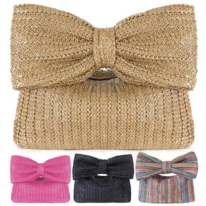 Women Weaving Clutch Bag Zipper Closure with Bow Simple Clutch Purse Versatile Female Party Wedding Bag