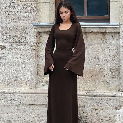 Women's clothing 2025 autumn new product fashionable loose U-neck back tied long sleeved dress