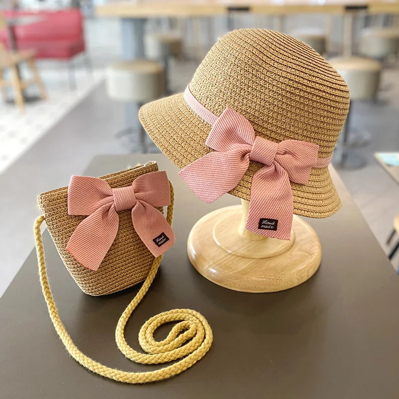 Kids Hat For Girls 3-8Y Straw Children's Sunshade Cap Bag Summer Baby Travel Sunscreen Beach Hat Sun Fisherman Cap Fashion Style
