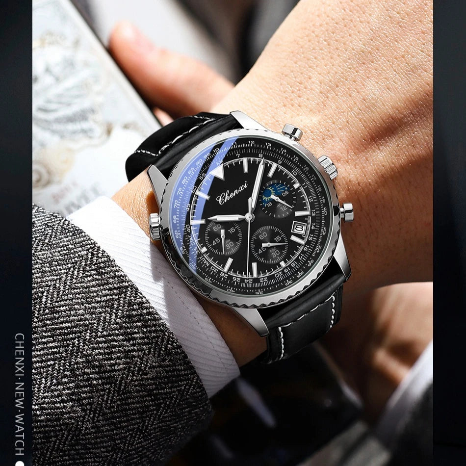 Business Watches for Men Genuine Leather Wristwatch Luxury Top Brand Men's Watches Waterproof Chronograph Sport Watches 520