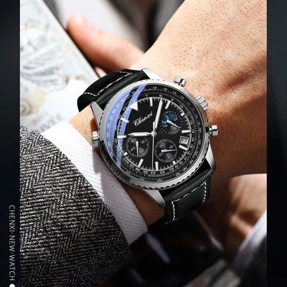 Business Watches for Men Genuine Leather Wristwatch Luxury Top Brand Men's Watches Waterproof Chronograph Sport Watches 520