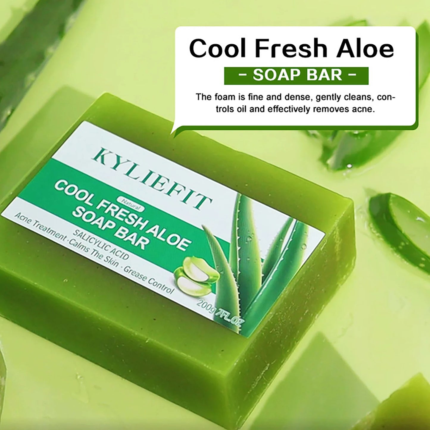 KYLIEFIT Cool Fresh Aloe Vera Soap Bar for All Skin Types, Reduce Spots, Oil Control, Deep Clean, 150g/ 7 oz