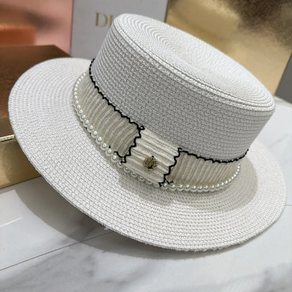 Women's hat female Hepburn style straw hat spring and summer new flat top hat French retro sun hat net red same style straw hat