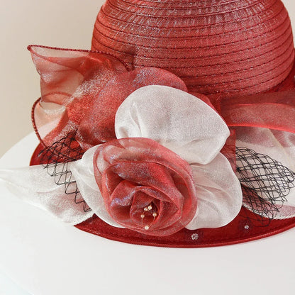 Fashion Hat Women Top Hat Elegant Organza Flower Wide Brim Sun Hat for Women Retro Style Party Banquet Accessory Foldable Beach