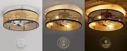 20" Flush Mount Ceiling Fan with Light & Remote Control, Drum Shade, Bladeless/Quiet Motor/Low Profile, for Kitchen Bedroom