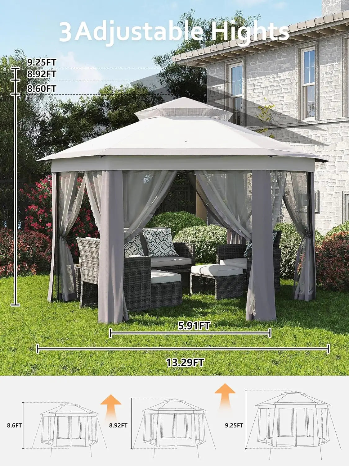 Pop Up Gazebo 13x13ft Hexagonal Canopy Shelter Instant Patio Tent with Mesh Netting Steel Frame for Outdoor Backyard Garden