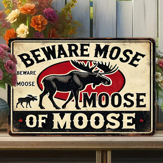 1PC Rustic Iron Sign Beware of Moose Vintage Wall Art Engraved Aluminium Foil Decoration for Home Garden Cafe and Outdoor Spaces