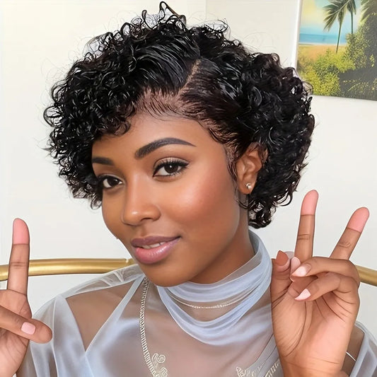 6inch 150% density black color 13x1 Tpart lace short curly human hair wig daily party cosplay use remy hair wig for women