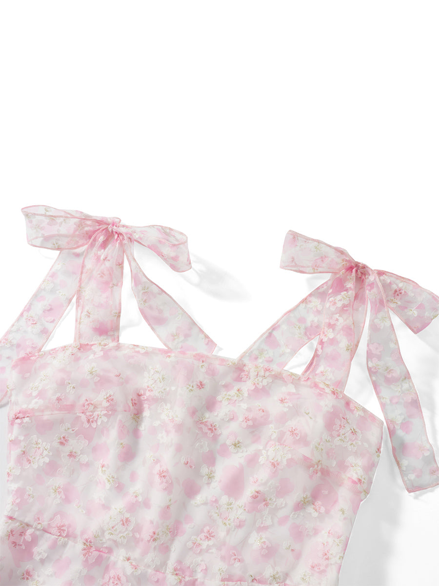 Women Summer Casual Dress Floral Print Tie-Up Shoulder Strap Mini Dress Fashion Double Layer Backless Cami Dress