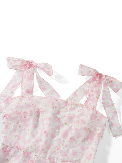 Women Summer Casual Dress Floral Print Tie-Up Shoulder Strap Mini Dress Fashion Double Layer Backless Cami Dress