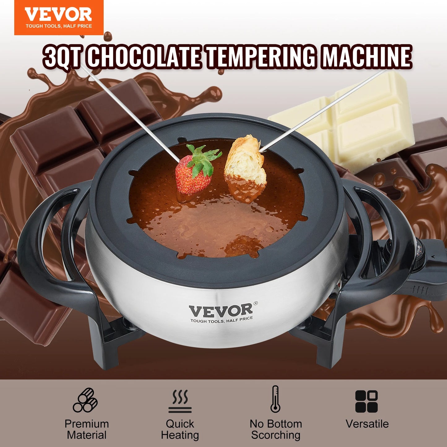 VEVOR Electric Fondue Pot Set for Cheese & Chocolate 3 Quart Chocolate Melting Stainless Steel Fondue with Temperature Control