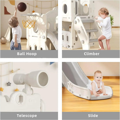 5 in 1 Toddler Slide, Kids Climber Slide with Basketball Hoop and Ball, Indoor Outdoor Playset for Toddlers Age 1-3