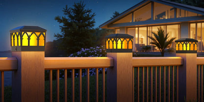 4 Pack Solar Flame Post Cap Lights, 2 Modes (Flame/Warm), IPX5, Fit 3.5x3.5/4x4 Posts, for Deck/Fence/Yard, Vinyl/Wooden