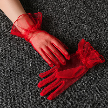 Women Short Tulle Gloves Sexy Lace Mittens Tulle Full Finger Gloves Lady Driving Glove Transparent Mittens Wedding Bridal Gloves