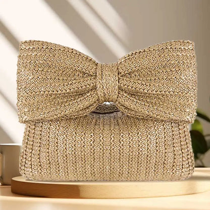 Women Weaving Clutch Bag Zipper Closure with Bow Simple Clutch Purse Versatile Female Party Wedding Bag