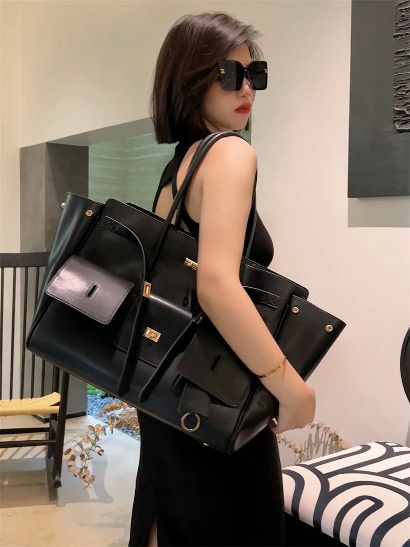 Luxury Genuine Leather Tote Bags for Women Large Capacity Travel Shoulder Bag Designer Handbags Ladies Shopping Purse