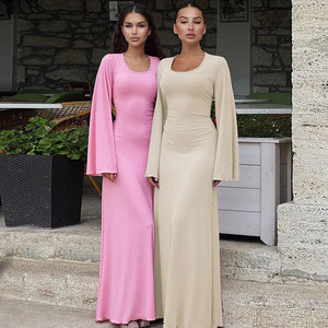 Women's clothing 2025 autumn new product fashionable loose U-neck back tied long sleeved dress