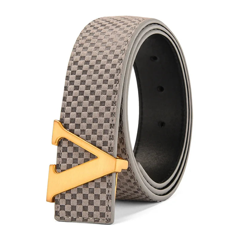 Men's Belt Casual Business V letter Slide Buckle Fashionable Checkered Plaid Leather Male Belt for Men