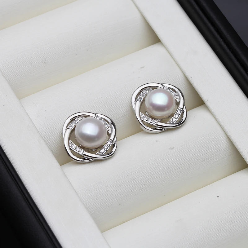 Wedding Natural Freshwater Stud Earrings With Pearls For Women,Silver 925 Pearl Earrings Wife Girls Birthday Gift White Black