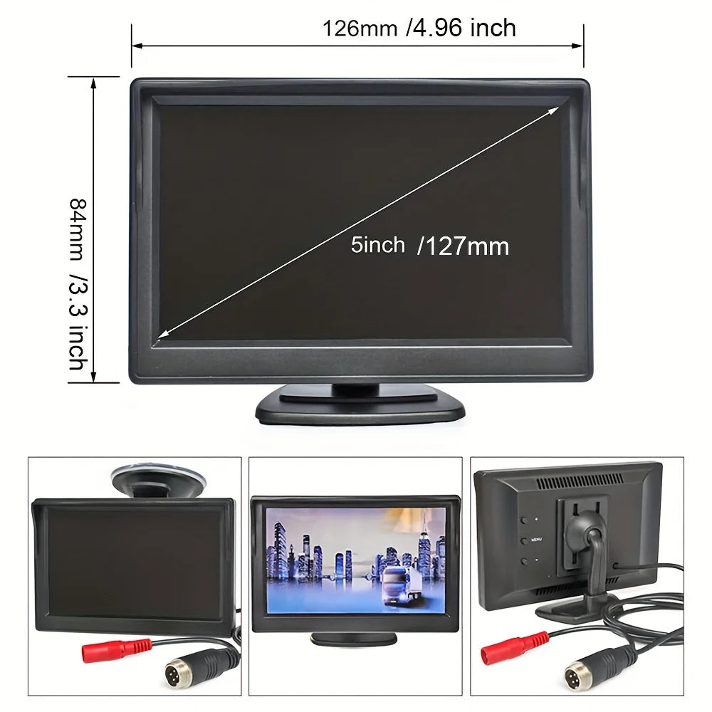 Car Rear View Backup Camera Kit 5 inch Monitor 4Pin for RV Bus Truck 12V/24V with Double Mount Easy Installation