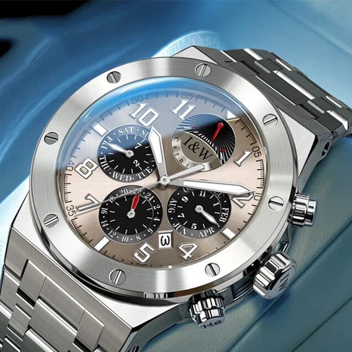 I&W Men Automatic Watch 41mm Luxury Mechanical Wristwatch Waterproof Sapphire Steel Strap Power Reserve Indicator Month Week