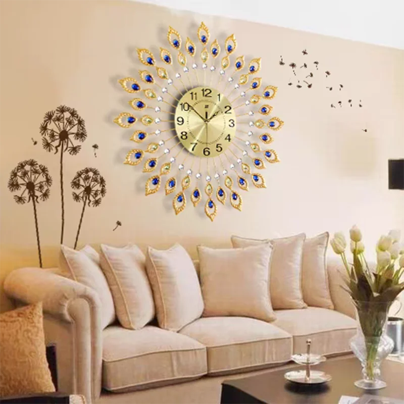 Luxury Large Clock 3D Peacock Retro Wall Decor Digital Clock Modern Art Living Room Decoration