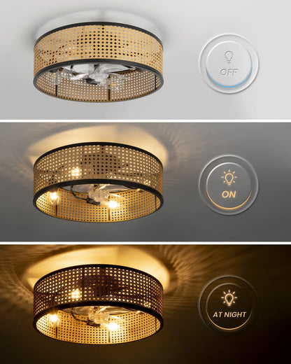 20" Flush Mount Ceiling Fan with Light & Remote Control, Drum Shade, Bladeless/Quiet Motor/Low Profile, for Kitchen Bedroom