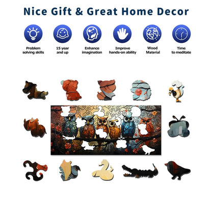 Owl Family Wooden Puzzle, Uniquely Irregular Animal Shaped Wooden Jigsaw Puzzles - A Creative Gift For Teenagers & Adults