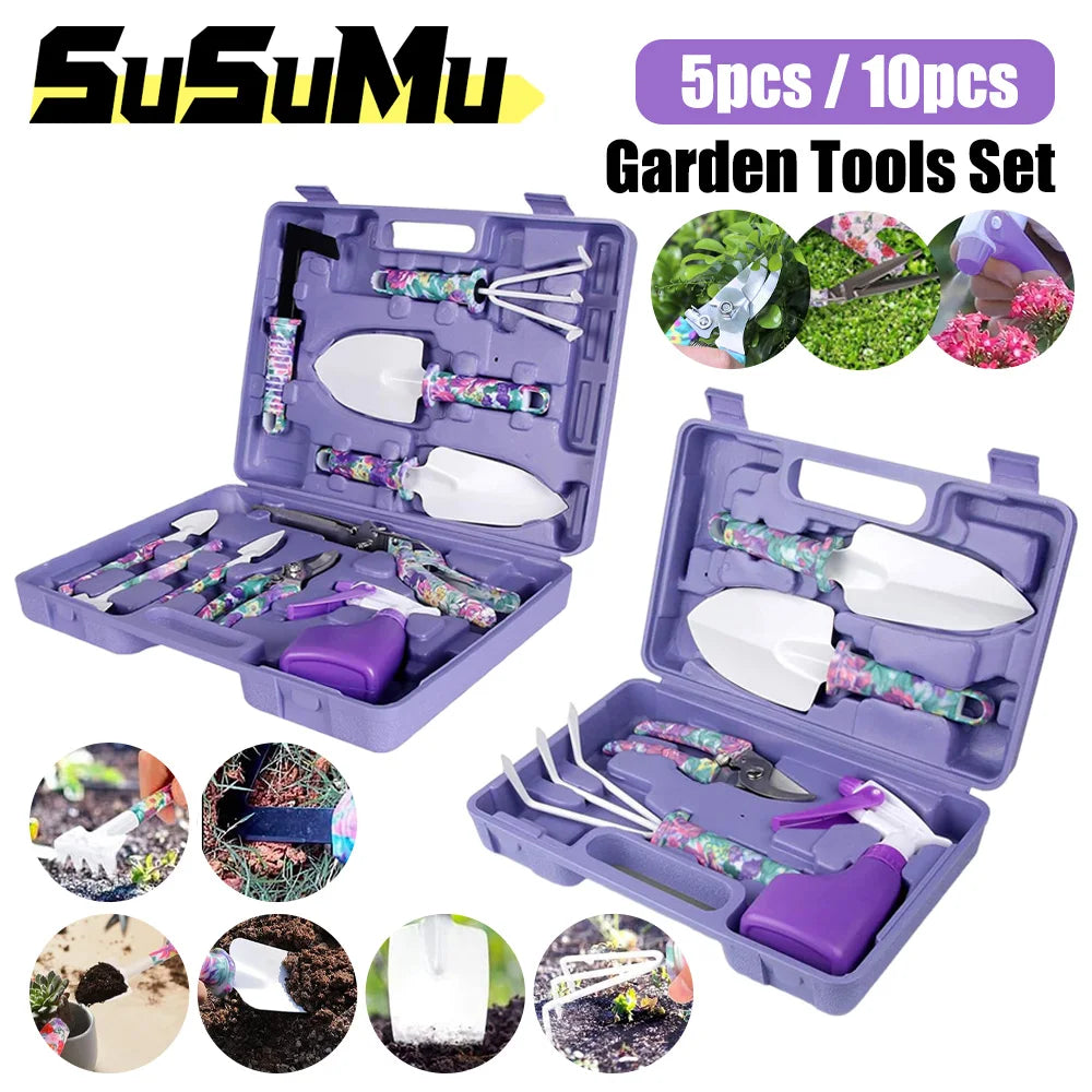 Garden Tools Set Garden Planting Floral Print Ergonomic Handle Trowel Rake Weeder Pruner Shears Sprayer Garden Printing Tool Set