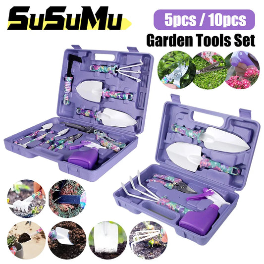 Garden Tools Set Garden Planting Floral Print Ergonomic Handle Trowel Rake Weeder Pruner Shears Sprayer Garden Printing Tool Set