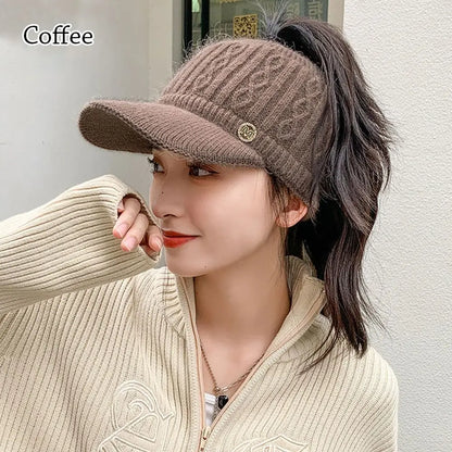Women Hats 2022 New Autumn Winter Warm Rabbit Knitted Hats Outdoor Sports Golf Ponytail Hat Baseball Caps Empty Top Caps 1PC