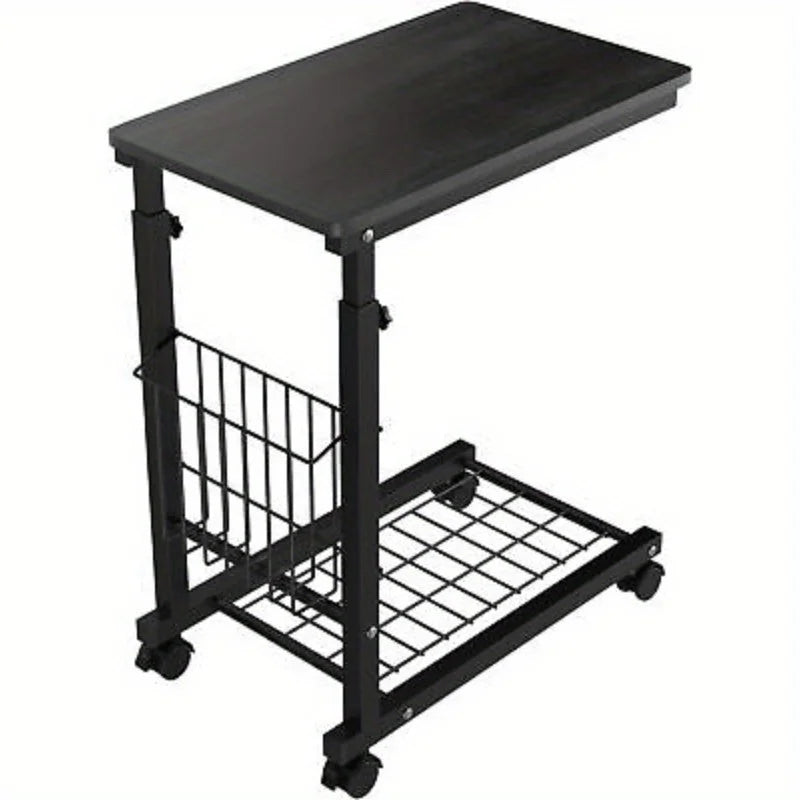 Adjustable C Table Side Table Bedroom Rolling End Table w/ Storage Basket Shelf