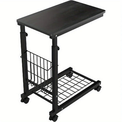 Adjustable C Table Side Table Bedroom Rolling End Table w/ Storage Basket Shelf