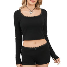 Load image into Gallery viewer, Women’s Two Piece Pajamas Long Sleeve Lace Trim Crop Tops and Shorts Set Loungewear
