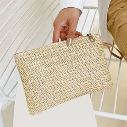Women Clutch Bag Handmade Backpack Fashion Ladies Wristlet Girl Phone Solid Straw Woven Coin Purse Beach Wallet Fresh Sweet