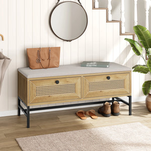 Rattan Shoe Bench with Linen Seat Cushion, Entryway Bench with Storage Cabinet, Wooden Storage Bench for Hallway and Bedroom