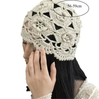 Women's Retro Literary Knitted Hat Spring and Autumn Thin Hollow Woolen Hat Handmade Woven Hat Fashion Hats for Women Lady Cap