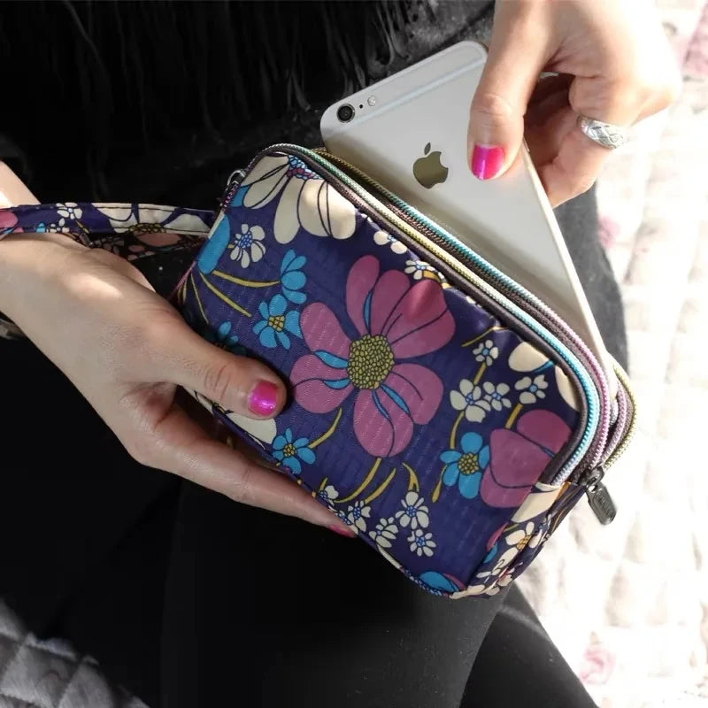 Fashion Women's Clutches Three-layer Zipper Waterproof Nylon Colorful Printed Wristlet Bag Key Coin Purse Wallet Phone Holder