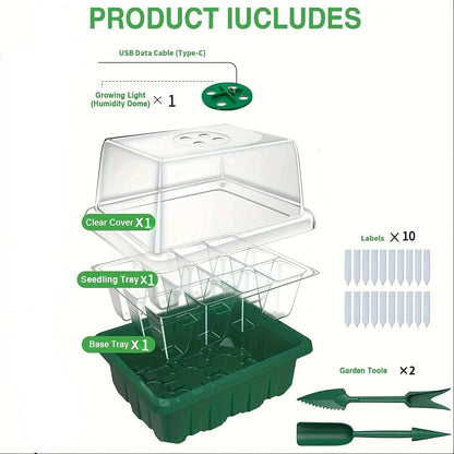 Seed starter tray with grow lights, 1 seed germination kit with adjustable humidity dome, seedling starter tray with raised lid.